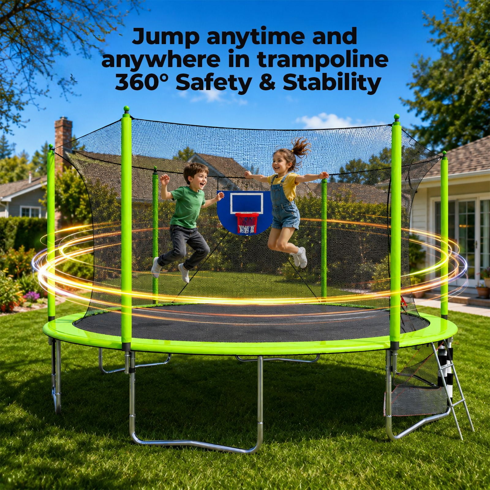Alvantor 16Ft Trampoline for Kids & Adults, Round Trampoline with Enclosure Net,Basketball Hoop,Soccer Goal and Ladder for Backyard Green