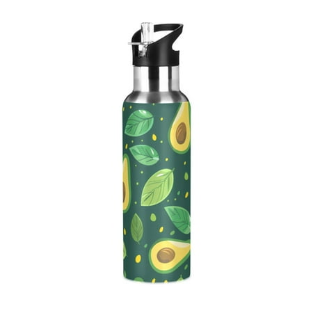 

ALAZA Avocado Fruit Leaves Water Bottle Insulated Flask Stainless Steel Straw Lid 20 oz