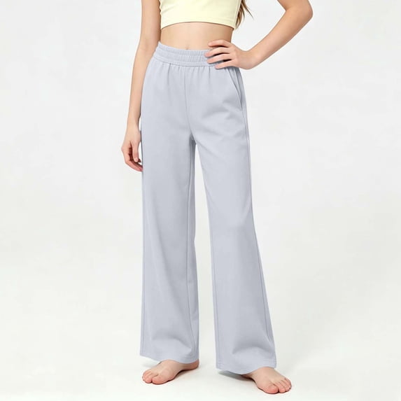 nerohusy Kids Wide Leg Pants Girls Elastic High Waisted Sports Pants Casual Solid Full Length Leg Pants with Pockets 14-15 Years