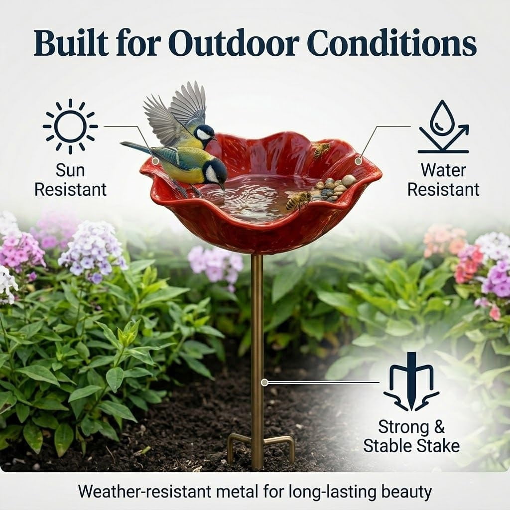 Handmade Metal Flower Garden Stake, Bird Bath Bowl and Bee Butterfly Watering Station for Outdoors, Hummingbird Bath Water Fountain Feeder Garden Yard Lawn Outside Decor