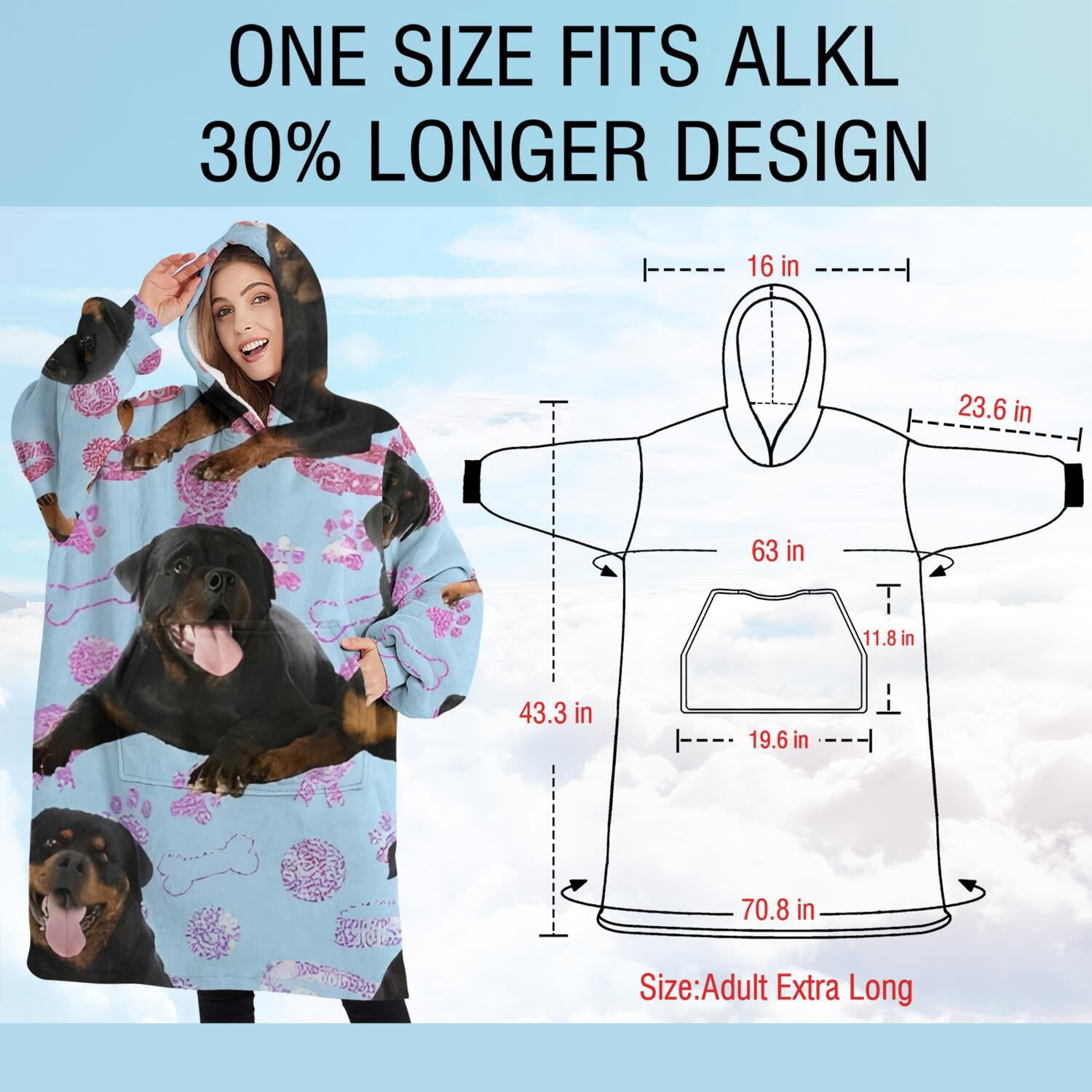 Oversized Wearable Blanket Hoodie,Rottweiler Dogs Sherpa Blanket Hoodie with Super Pockets,Super Warm Fuzzy Pullover for Women & Men