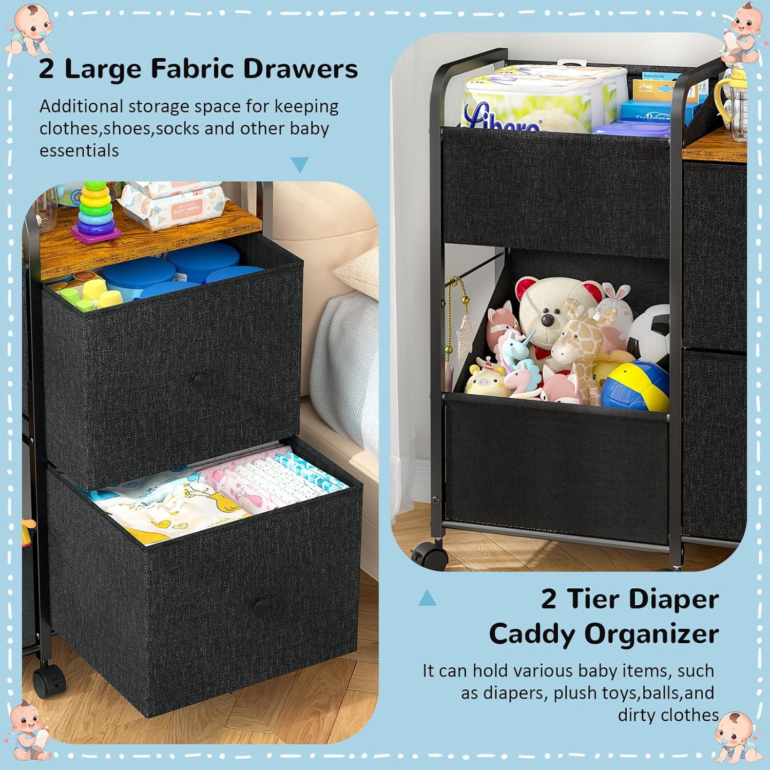 Diaper Caddy Organizer Cart with Drawers and Wheels, 5-Tier Bedside Utility Storage Shelf for Nursery