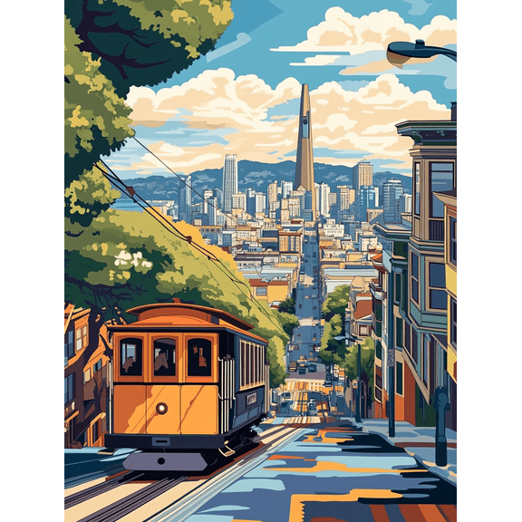 San Francisco Cable Car Cityscape Canvas Print/Wall Art, Suitable for Living Room, Bedroom, Office, Dining Room, and Hotel Decoration.