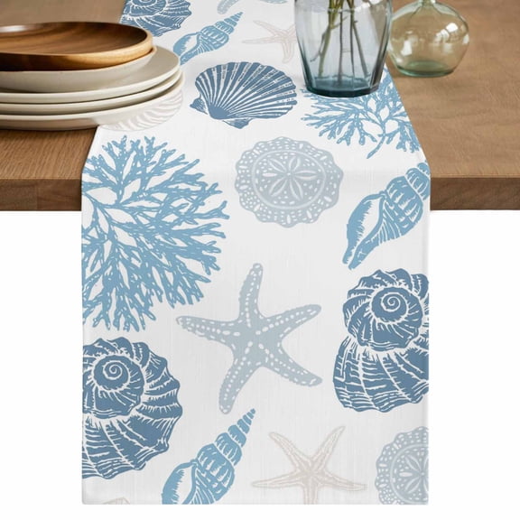 Blue Coastal Table Runner 72 Inches, Shell Starfish Coral Nautical Summer Beach Bed Runner Dresser Scarves Tabletop for Indoor Outdoor Parties/Ceremony/Banquet, 16" x 72"