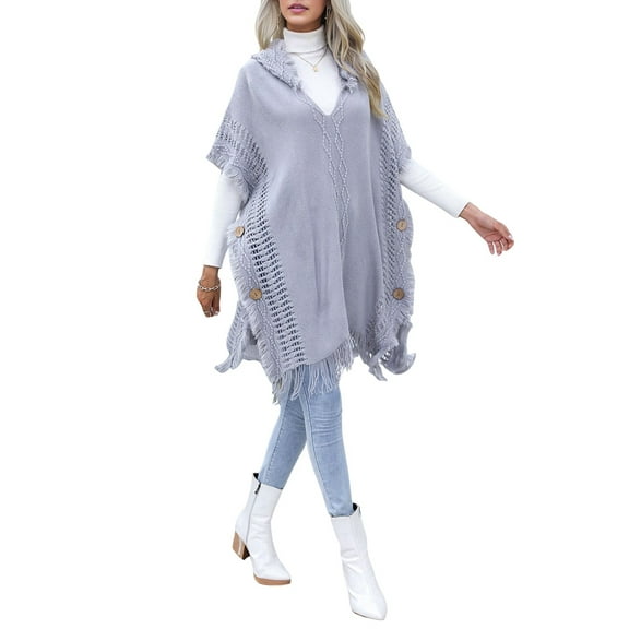 Ladies' Hooded Cape with Fringed Hem, Crochet Poncho Knitting Patterns for Women Gray One size