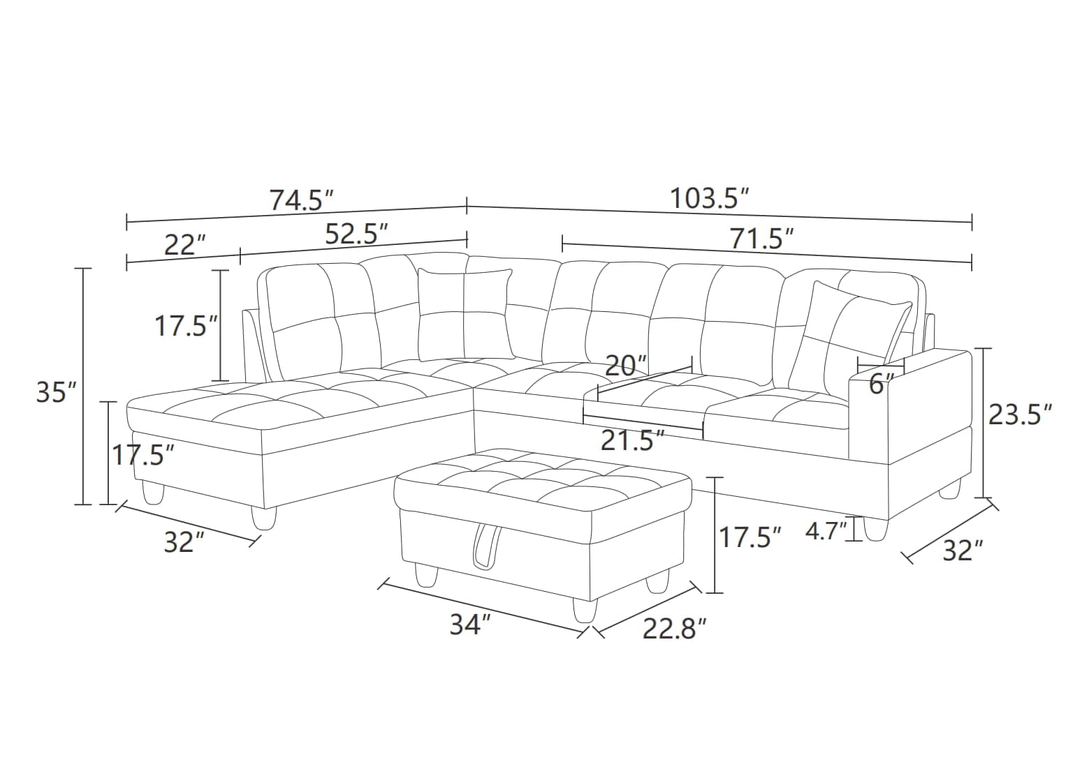 MAYEERTY L-Shaped Sectional Sofa with Storage Ottoman, Semi PU Synthetic Leather Couch Set for Living Room,Black and White