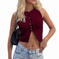 thumbnail image 2 of Womens Sleeveless Cropped Sweater Vest Summer Trendy Knit Crop Tank Tops Crewneck Button Y2K Going Out Top Wine Red S, 2 of 7