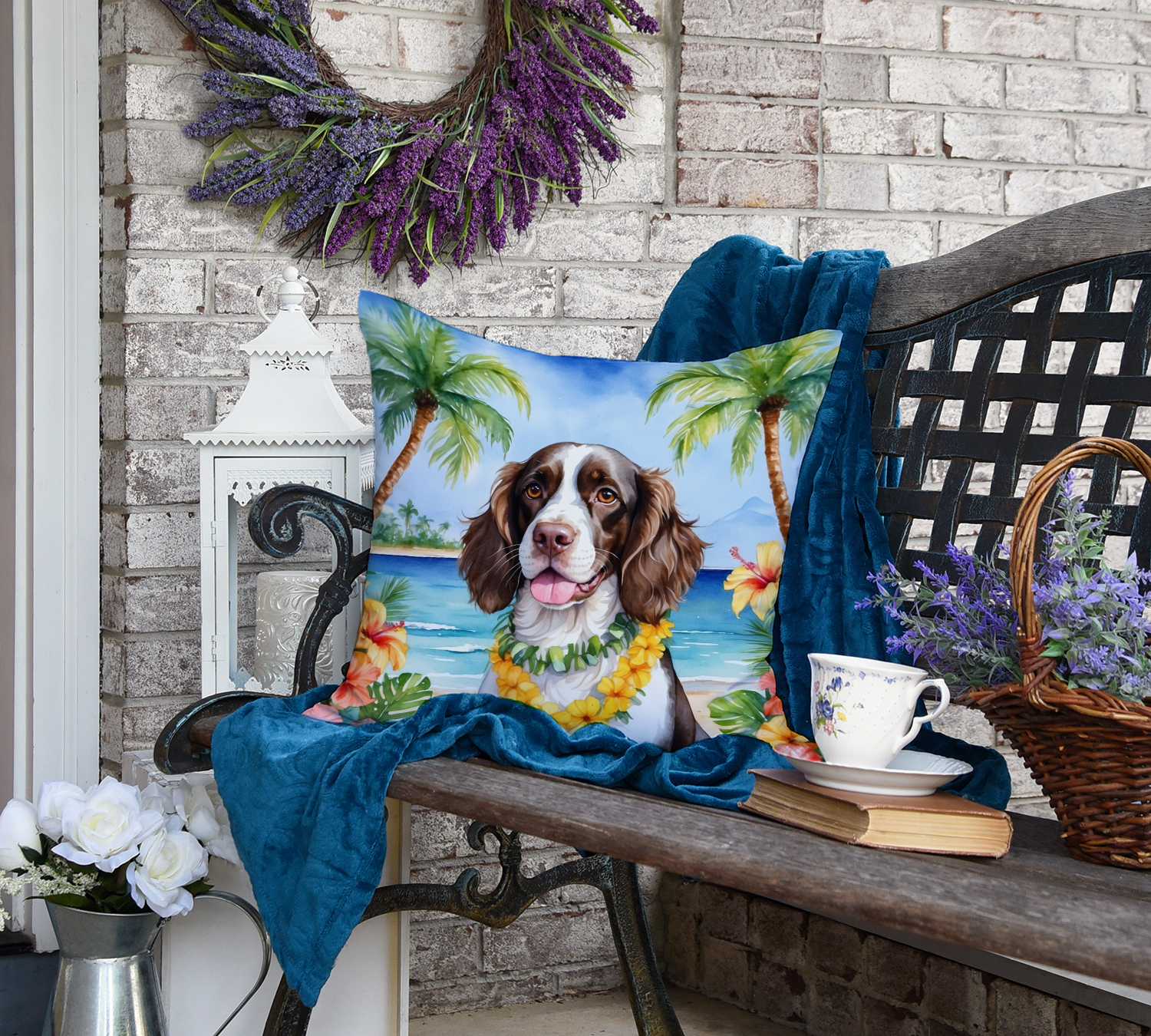 English Springer Spaniel Luau Throw Pillow 18 in x 18 in