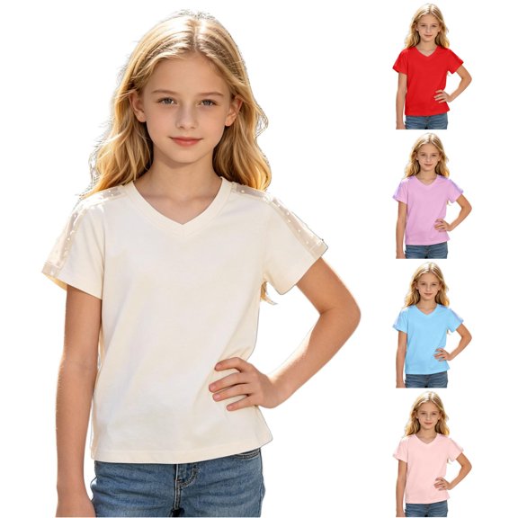 WAYUTE Shirts for Girls Solid Color V Neck Short Sleeve Chiffon Blouse Breathable Summer Top for Casual Loose Fit Daily Wear,White,Size 11 Y-12 Y
