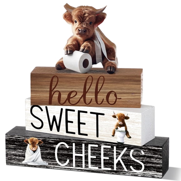 Set decorativo de baño de madera con vaca Highland Cinnvoice, 4 piezas