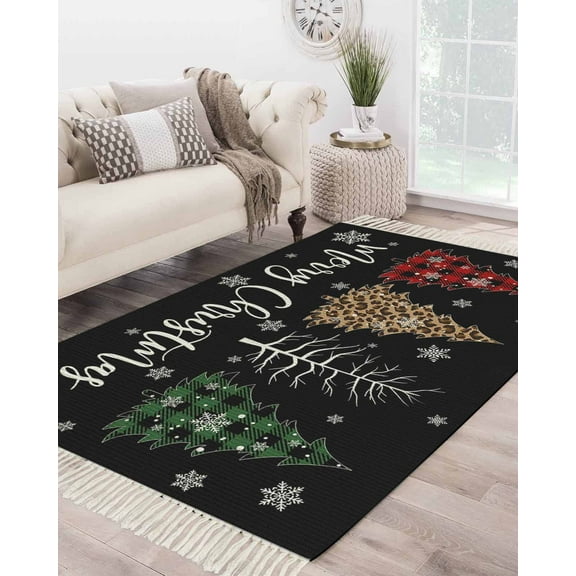 Christmas Tree,Large Area Rug 4x6ft Woven Runner Rug,Rustic Buffalo Snowflake Red Green Black Washable Living Room Bedroom Kitchen Bathroom Classroom Carpet with Tassels,Indoor Outdoor Throw Door Mat