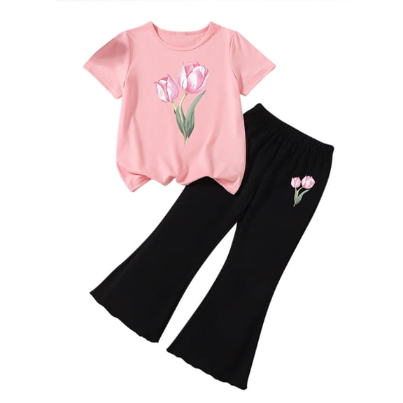 NAISIBABY Girls Outfit 2-Piece (2-7T), Flower Short Sleeve T-Shirt and Flare Pants Little Kids Fashion Set Pink 6T