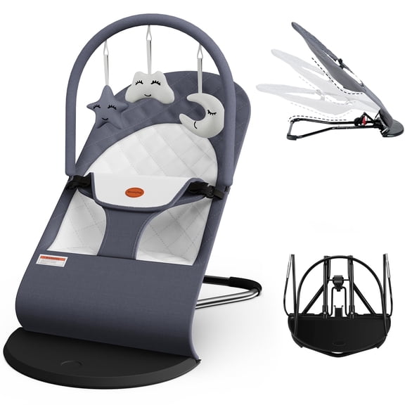 Baby Bouncer, Portable Baby Bouncer Seat for Babies 0-18 Months, 3 Modes of Use with Rocker & Stationary Options, Ergonomic Infant Chair with Hanging Toys Grey