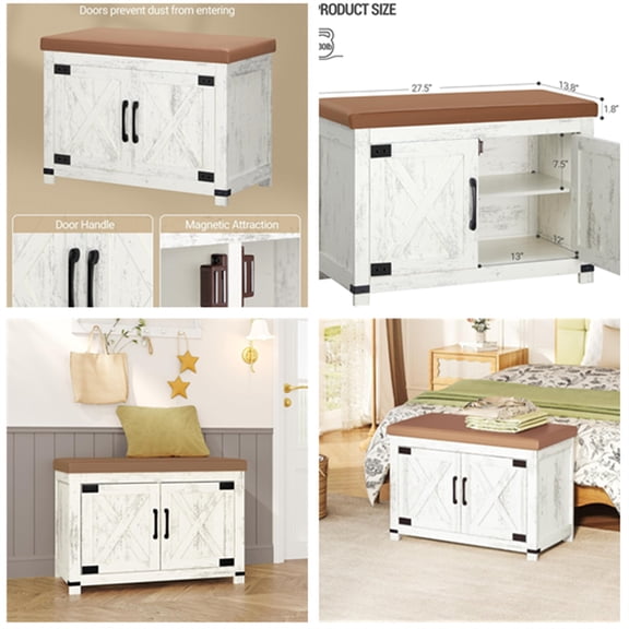 Shoe Storage Bench, 2 Tier Shoe Bench with Padded Seat Cushion & 2 Barn Doors, Entryway Bench with Adjustable Shelf, Farmhouse Shoe Cabinet for Living Room, Bedroom, Antique White