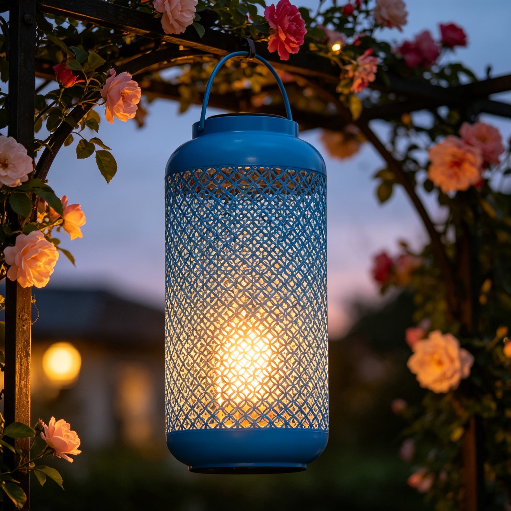 Abble  Outdoor Solar Lantern Light Metal Decorative Light Patio Garden Lantern with Hollowed-Out Design Hanging Lantern, Aqua