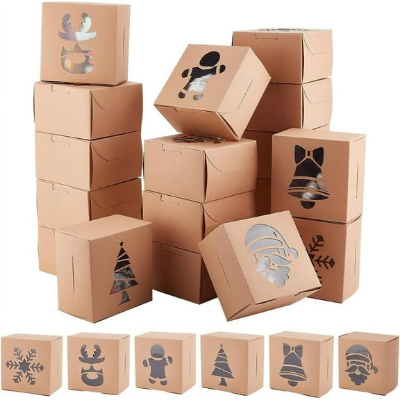 1bag 24pcs 6 styles Christmas Theme Folding Kraft Paper Cardboard Jewelry Gift boxes with Visible Window Mixed Patterns Finished Product: 10x10x6.3cm 4pcs/style