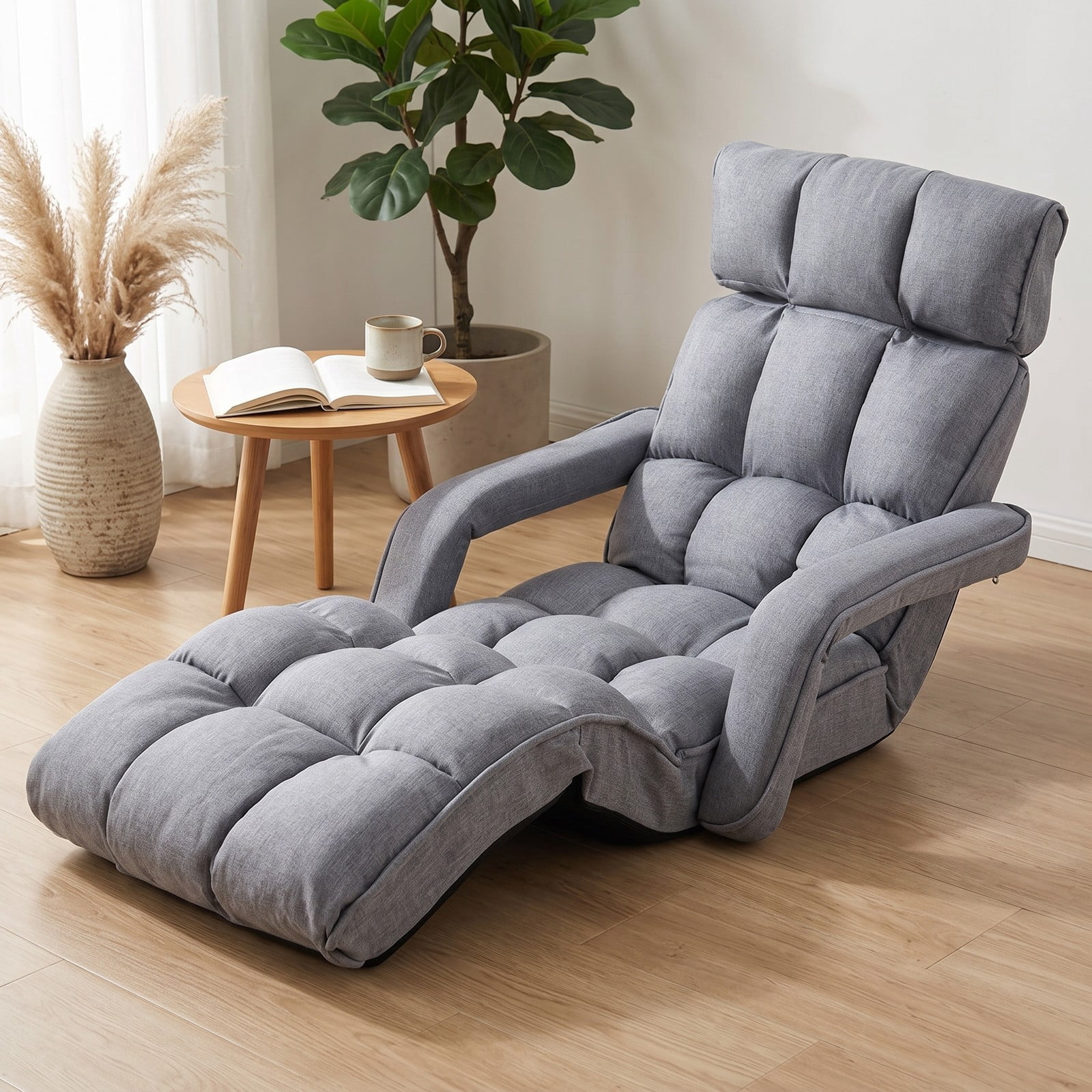 Furnibear 6-Position Adjustable Floor Chair, Foldable Lazy Sofa Recliner with Adjustable Armrests and Footrest, Padded Gaming Floor Sofa Bed for Living Room, Gray