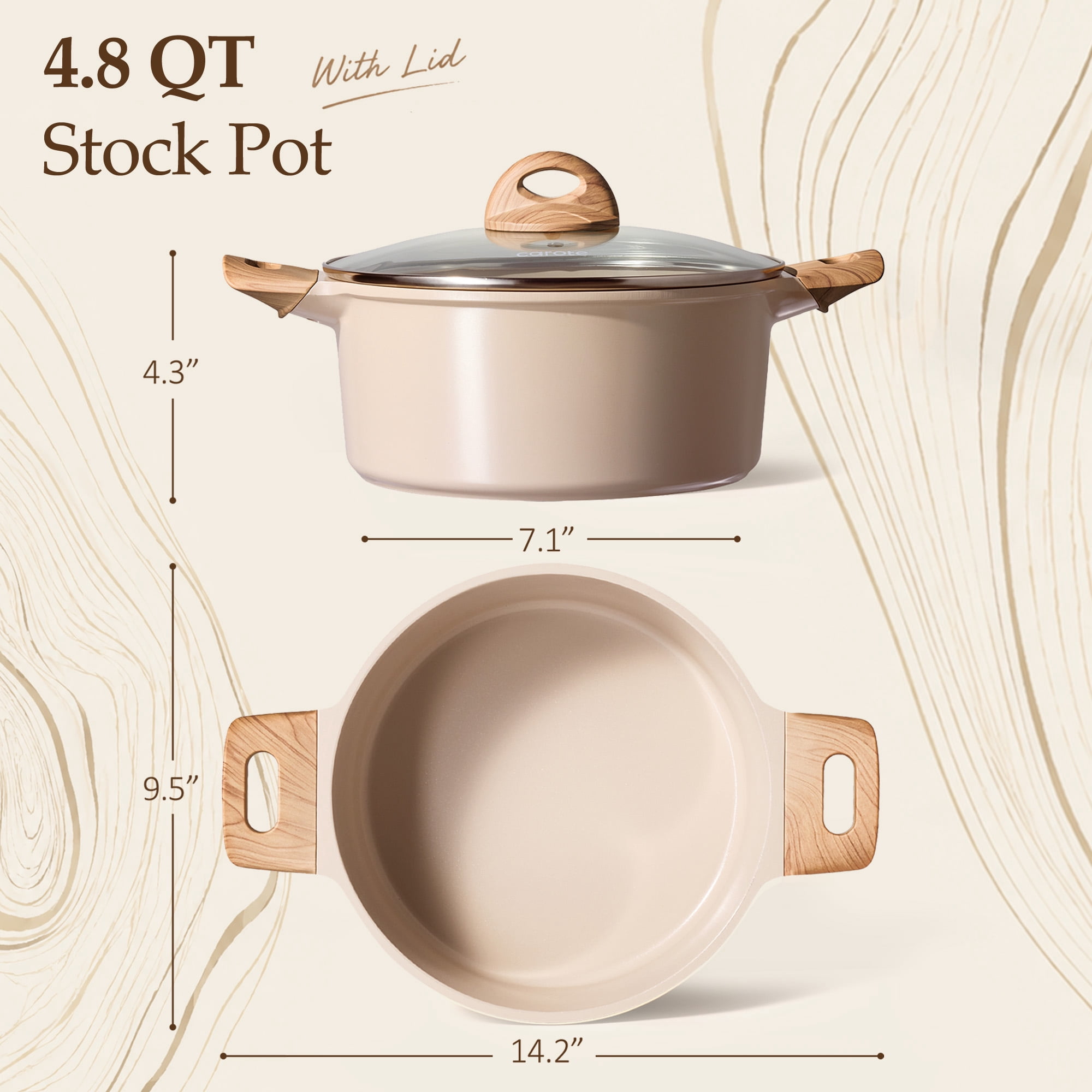 Carote 4.8QT Non Stick Stock Pot with Lid, Ceramic Cooking Pot,Non Toxic Steamer Pot, Soup Pot for Cooking,  Nonstick Dutch Oven,  Induction Compatible, Taupe