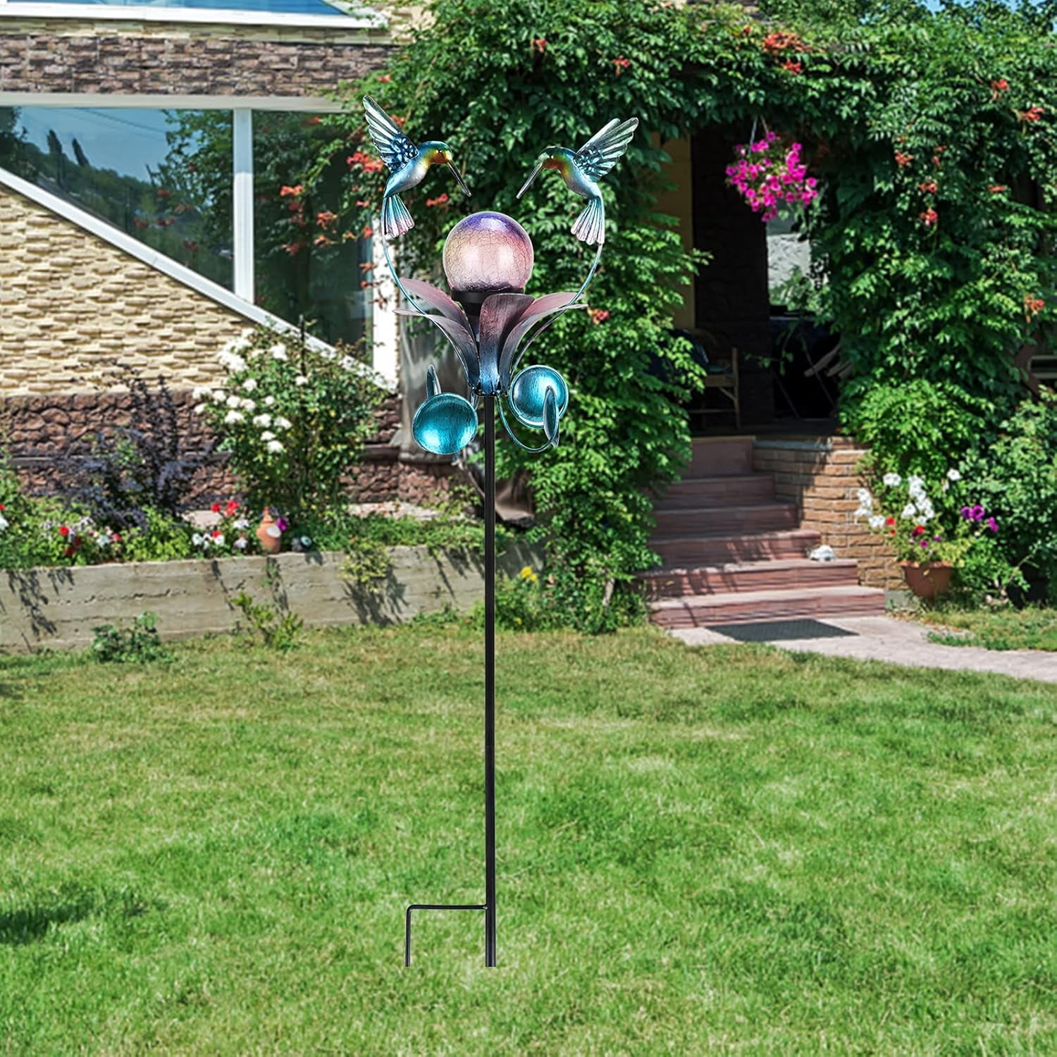 Wonder Garden Solar Wind Spinner hummingbird Garden Stake Decoration with LED Light, Crackle Glass Ball Weather Resistant Multicolor, Blue
