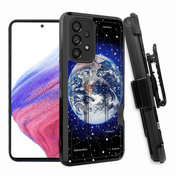 ANJ  Rugged Shockproof Hoster Case w/Card Slot, Kickstand   Tempered Glass Cover for Samsung Galaxy A33 5G - Earth Constellation