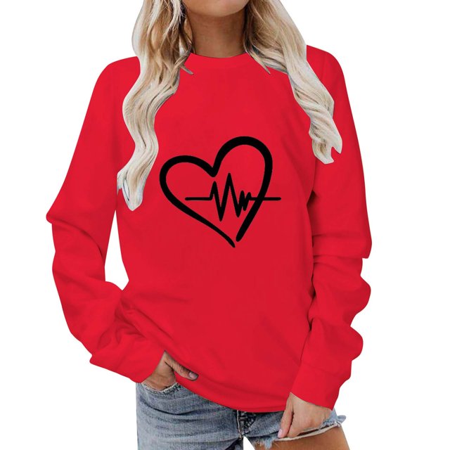 Besolor Womens Fall Spring Sweatshirt Heart Printed Crewneck Long Sleeve Tops Casual Loose Plus Size Pullover Blouse