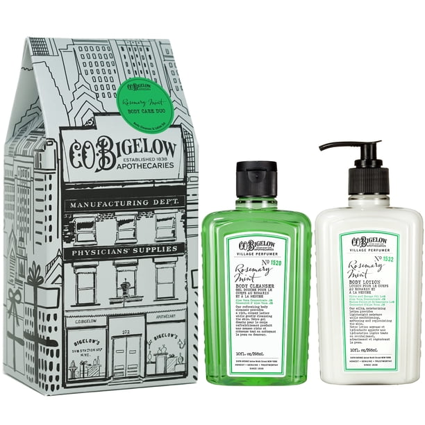 CO. Bigelow Apothecary Duo Rosemary Mint Body Care Caja de regalo con jabón corporal y loción, juego de regalo de dos, loción hidratante y gel de baño líquido para piel seca, 10 fl oz cada uno