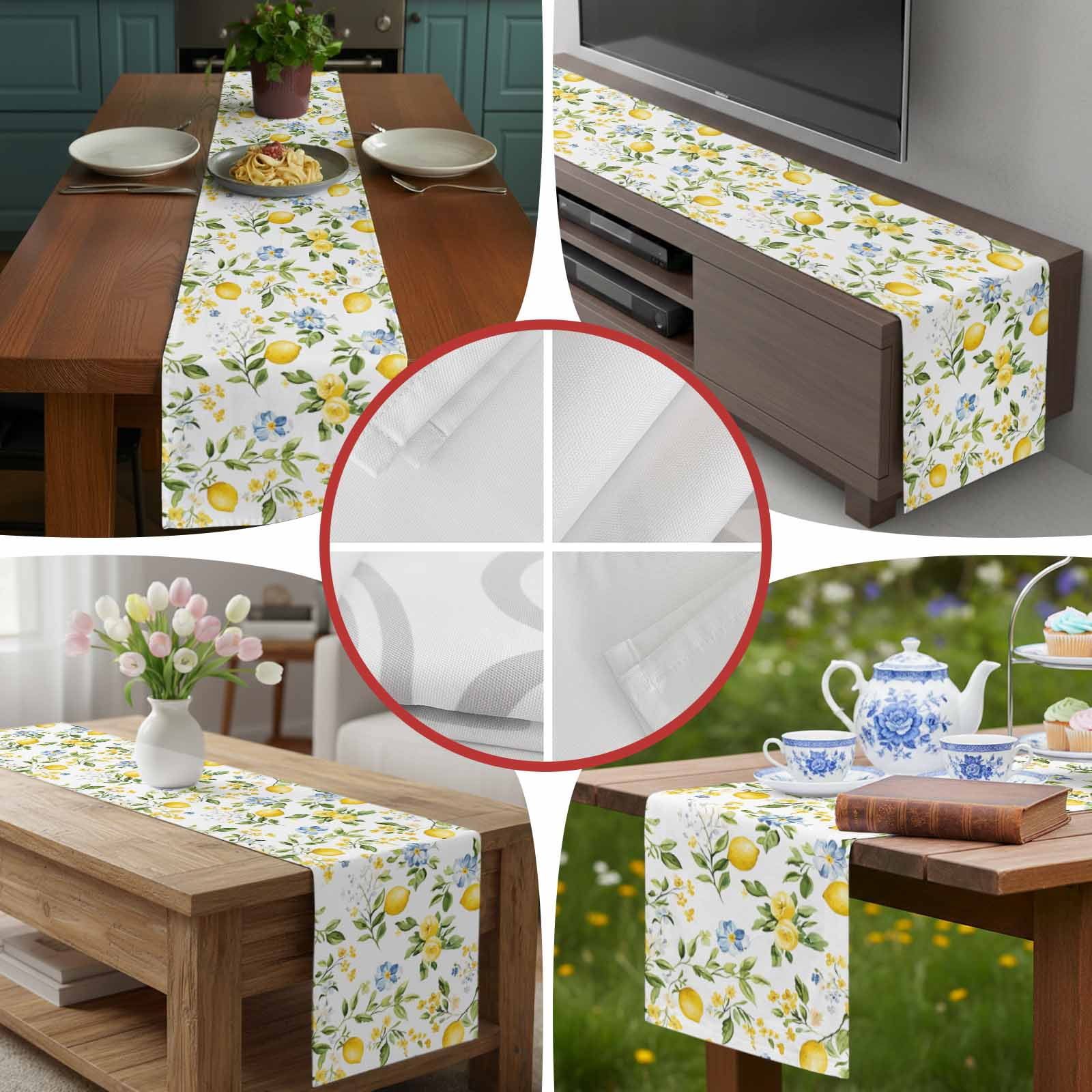 Summer Lemon Green Leaves Table Runner 90 Inches Long, Blue Flower on White Table Runners Tabletop Scarf Kitchen Dining Tables Decoration for Home Party Indoor Outdoor