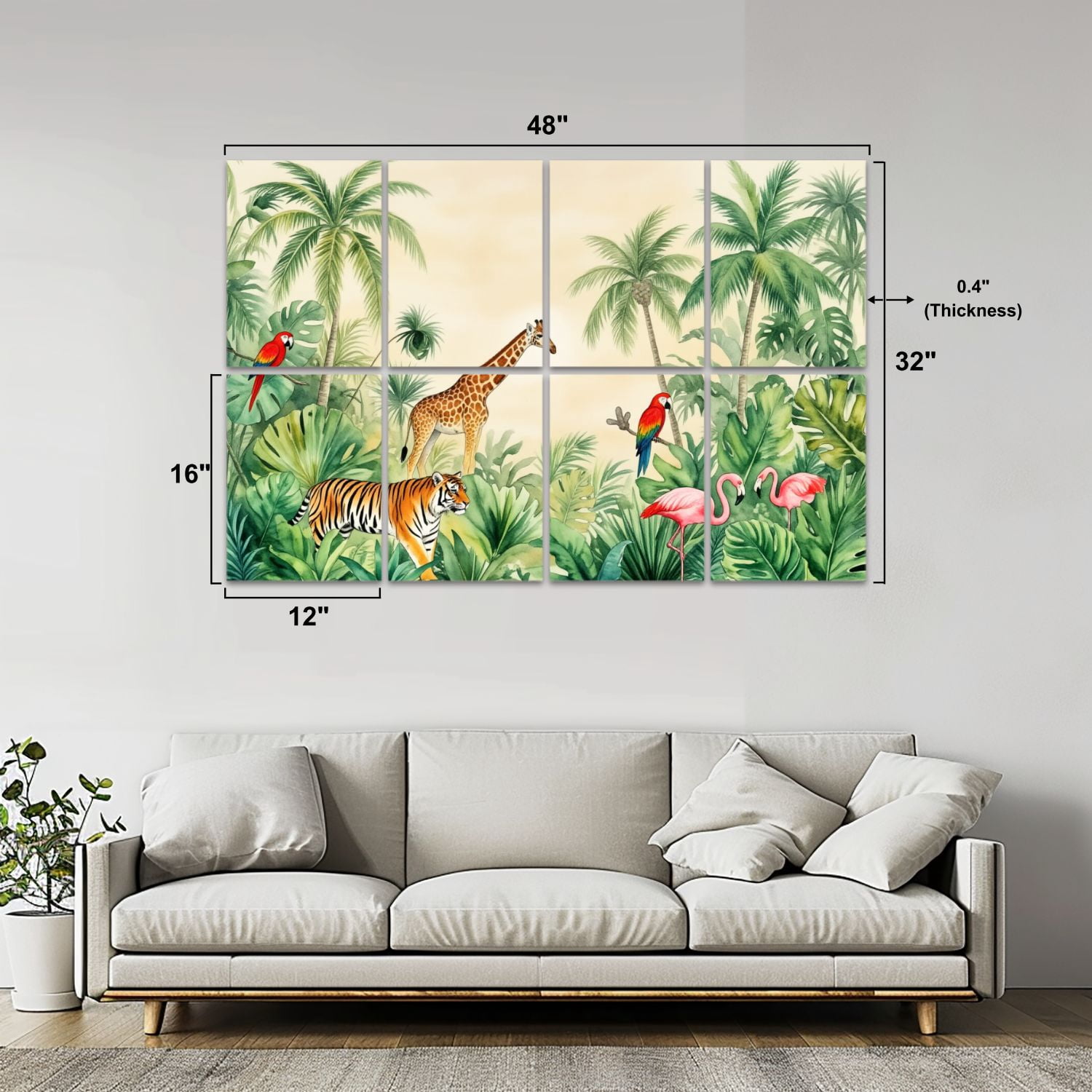 8 Pack Art Acoustic Panels Sound Absorbing Tropical Jungle Giraffes Tigers Parrots Greenery Decorative Soundproof Wall Panels Self Adhesive for Nursery Game Room Bedroom 48"x32"