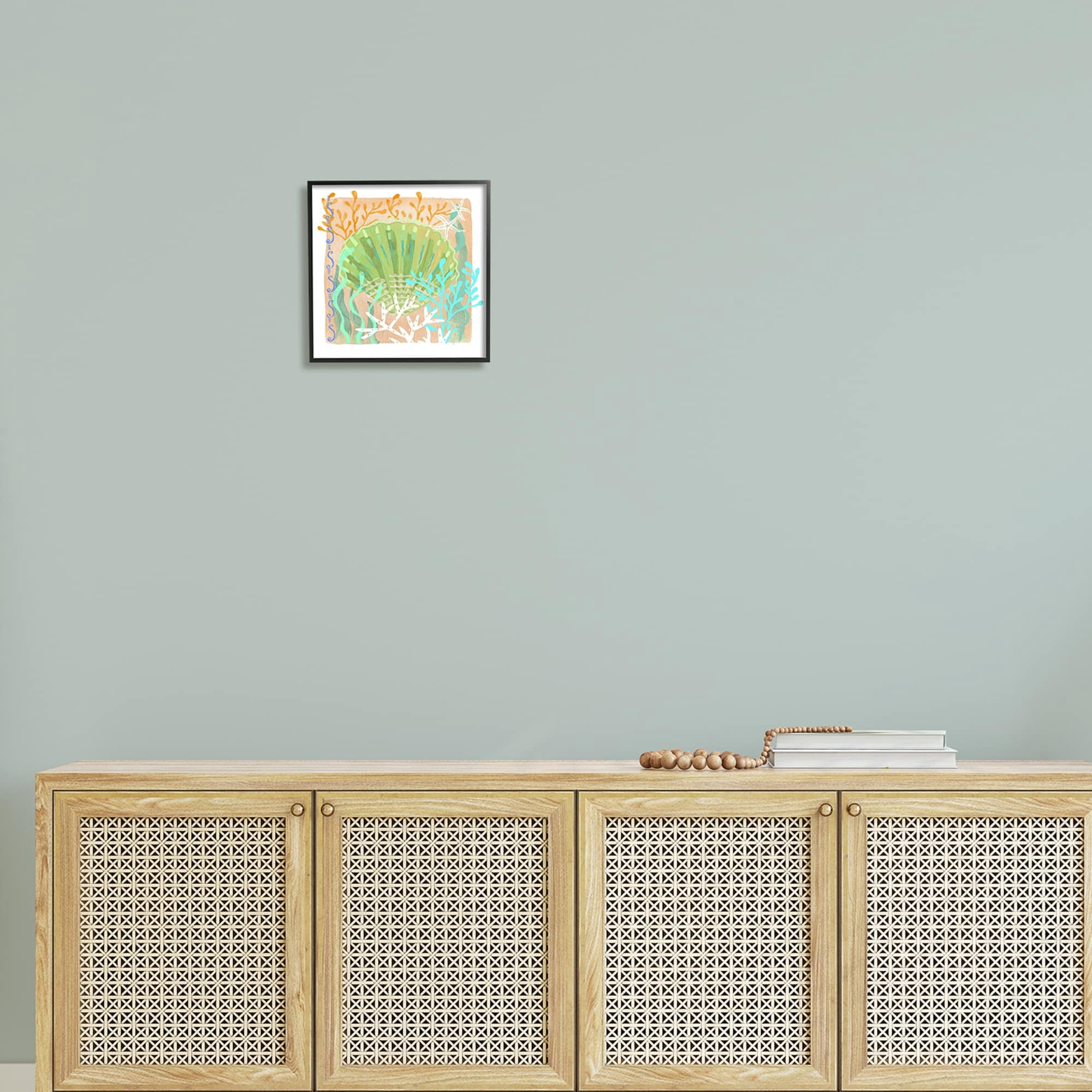 Stupell Industries Vivid Coral Overlay Beach Seashell Watercolor Pattern Graphic Art Black Framed Art Print Wall Art, Design by unknown