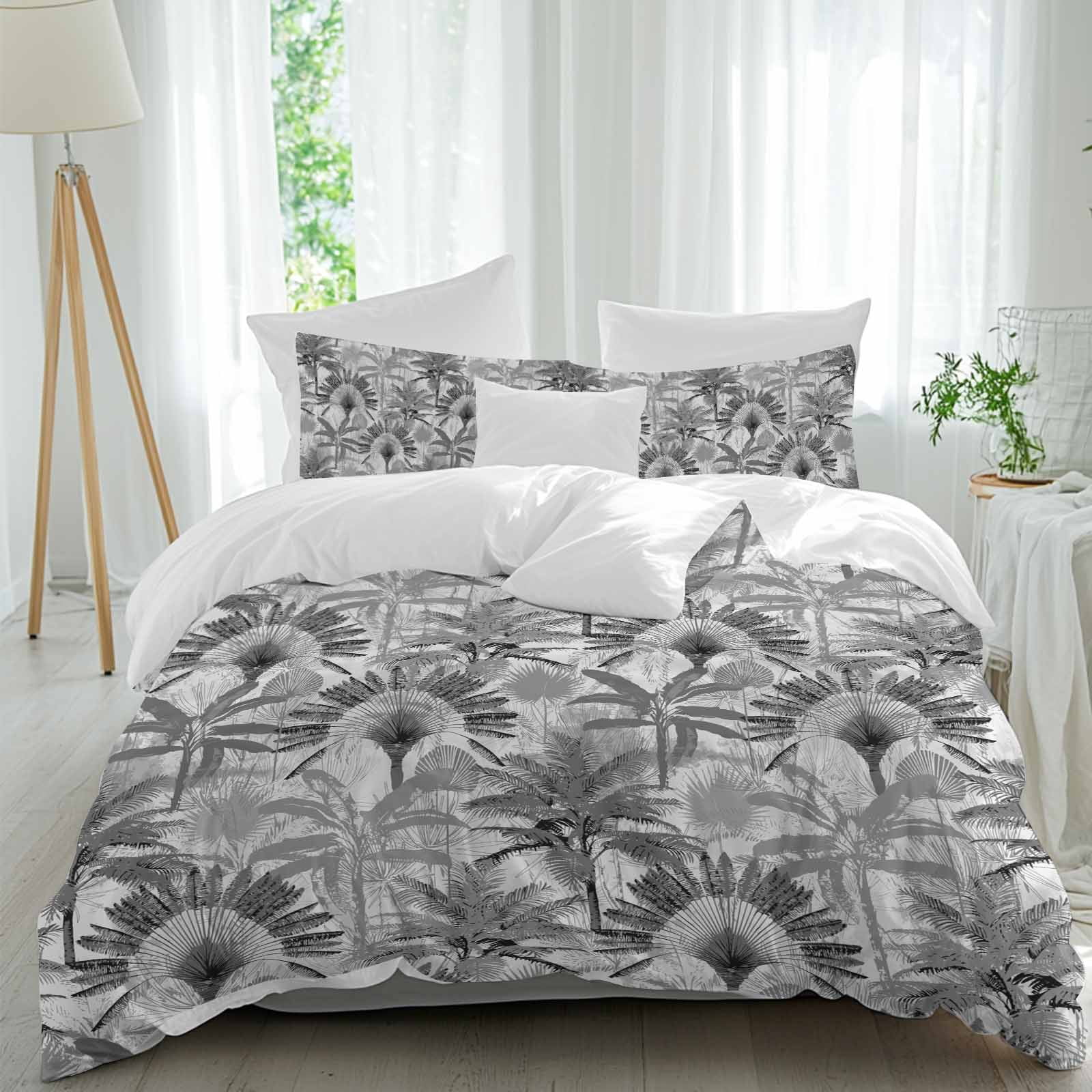 Grey Tropical Leaves Bedding 3 Piece Duvet Cover Set Full Size, Summer Palm Trees Botanical Soft Microfiber Comforter Cover with Zipper Closure & Pillowcases, Wrinkle & FadeResistant Quilt Cover