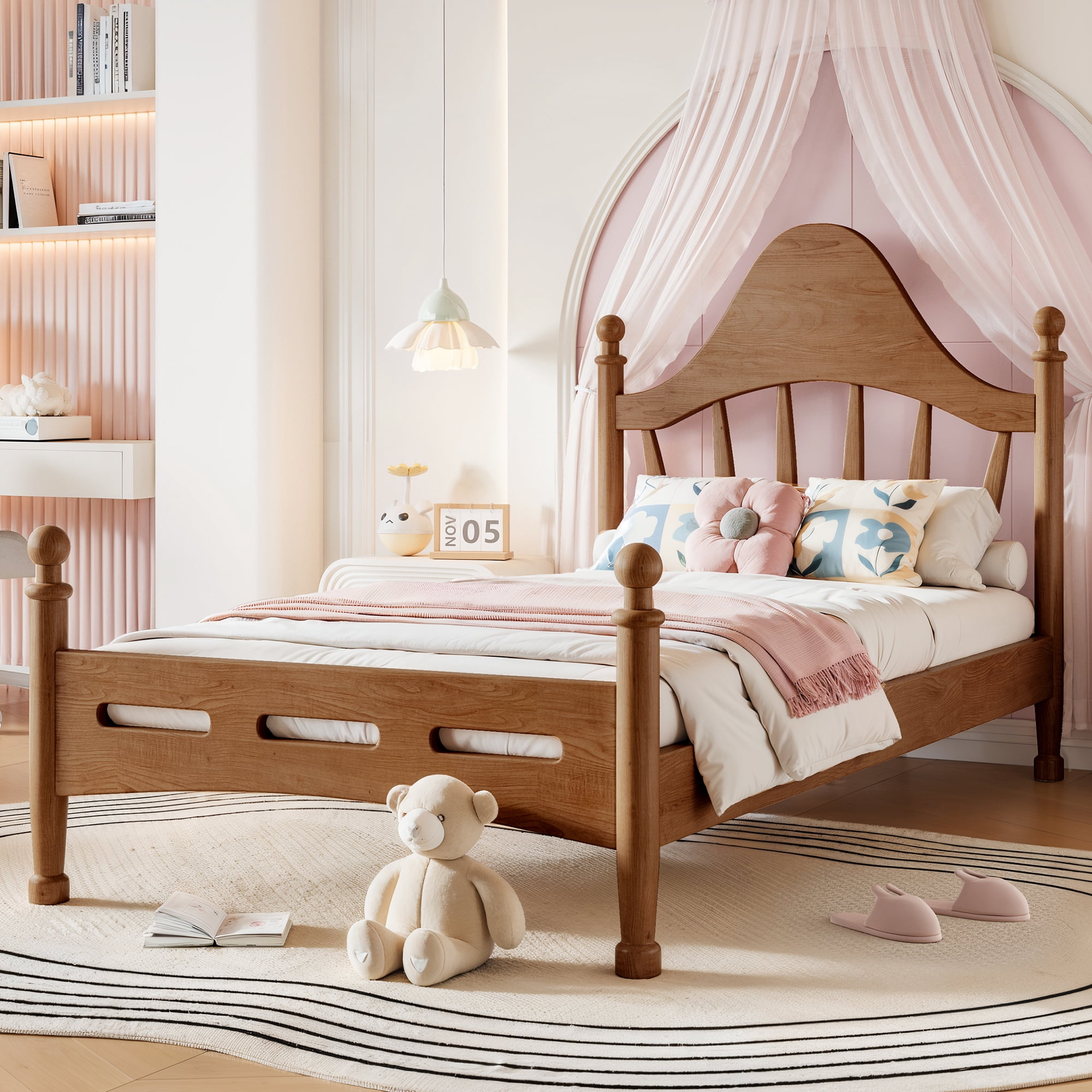 Leumius Twin Size Platform Bed with Chic Headboard, Solid Wood Bed Frame with Slatted Support, Low to Ground Design for Bedroom Brown