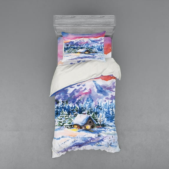 Winter Duvet Cover Set, Landscape Painting of a Snowy Scenery Mountains and Small House Covered in Snow, Bedding Set with Shams and Fitted Sheet, 3 Sizes, by Ambesonne