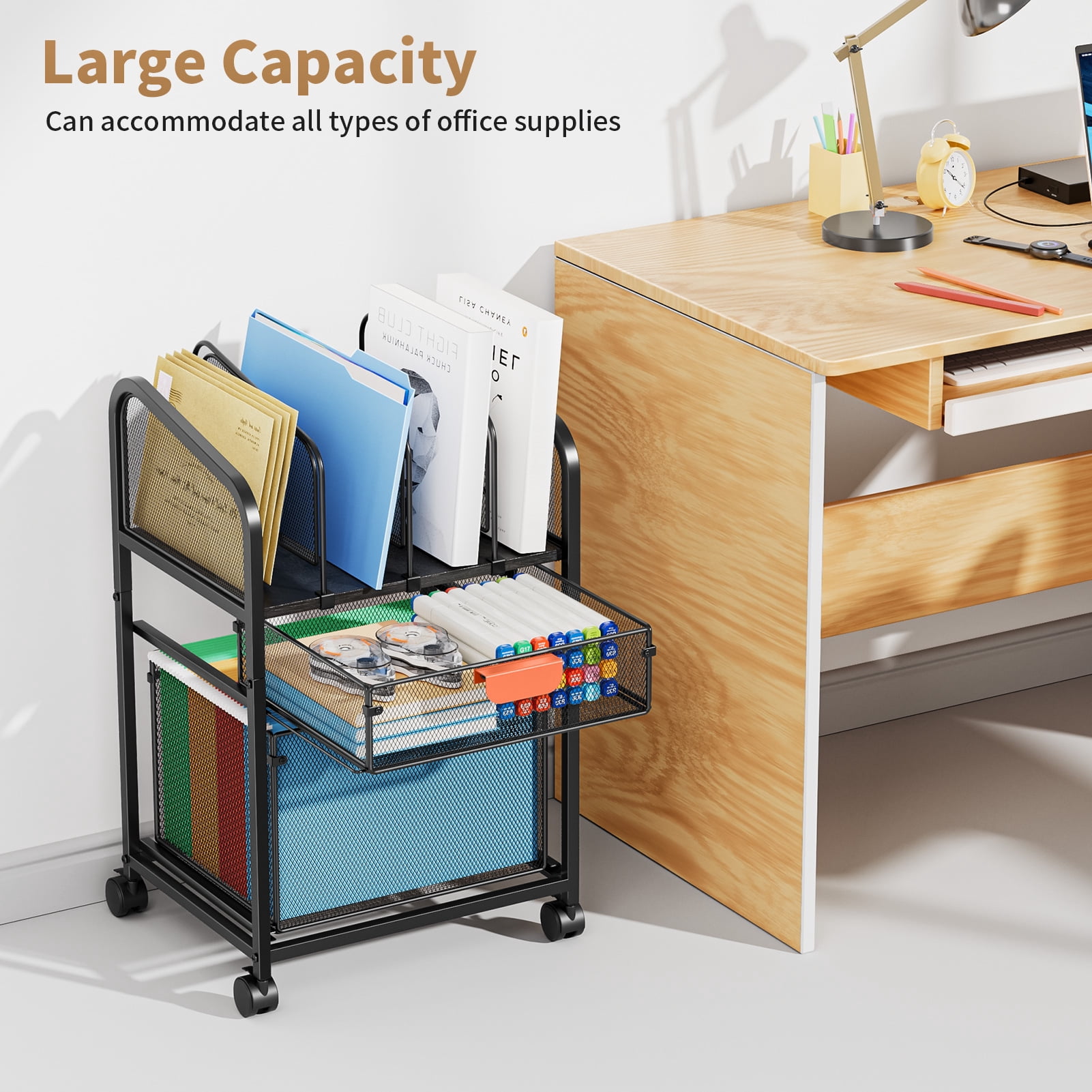 Marbrasse Rolling File Cart with 2 Drawers – Metal Moving Storage Cabinet, 3-Tier Mesh Office Organizer with Lockable Casters, Black Mobile File Organizer for Home, Office