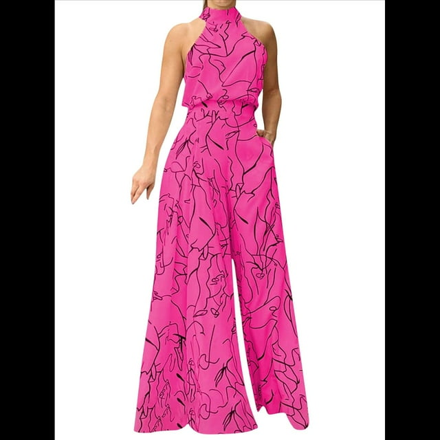 Elegantes para Mujer, para Fiestas de Noche, Invitadas de Boda, Grandes, Sin Mangas, Pantalones Largos de Pierna Rosa XL