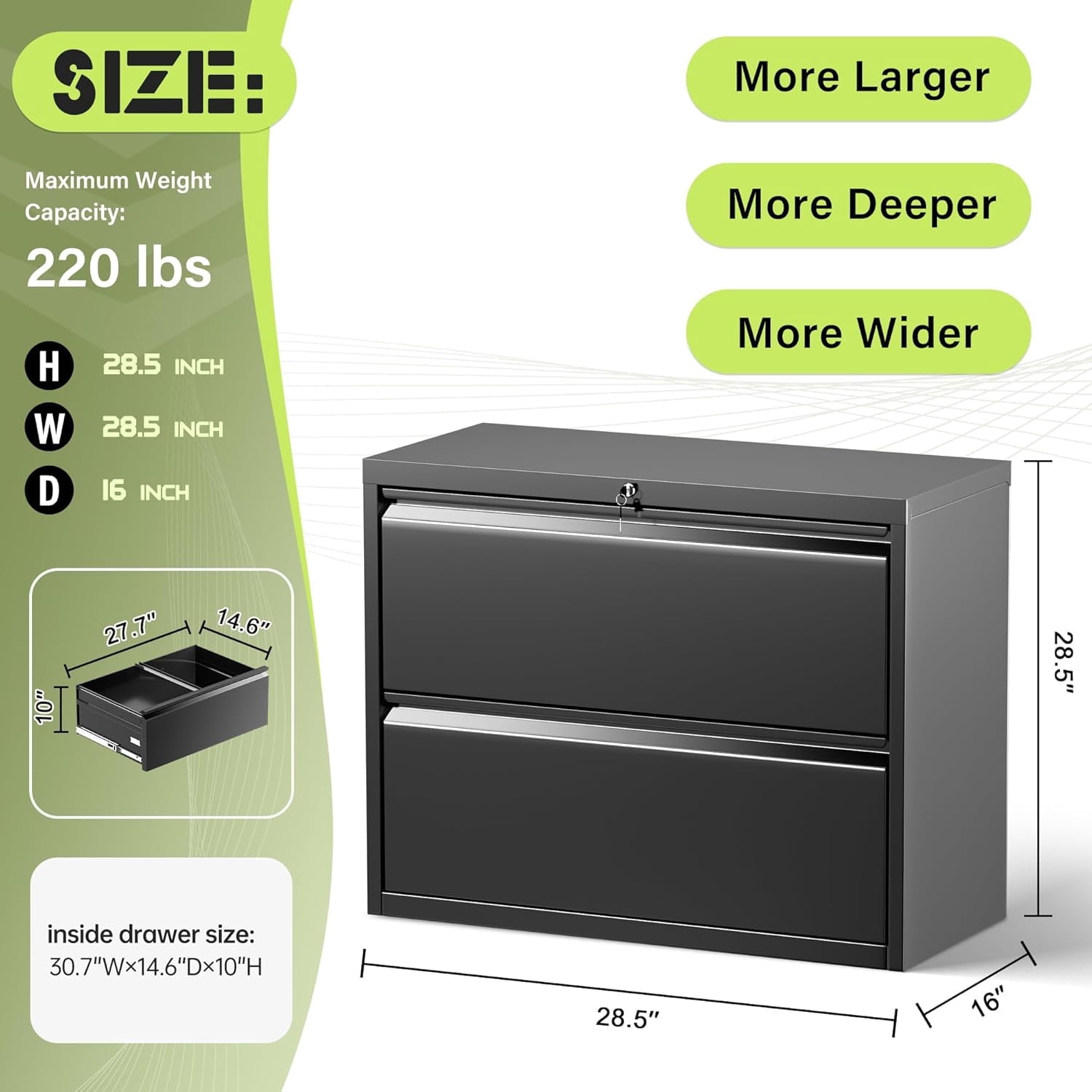 SOLAURA 2 Drawer Lateral File Cabinet with Lock, Lockable Filing Storage Cabinet for Office & Home, Large Metal Storage File Cabinet for Files Legal/Letter/A4 Size (Black)