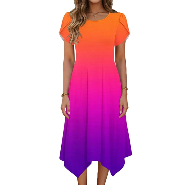 TaTaai Women's Casual Gradient Print Round Neck Short Sleeve Dress with Ruffle Sleeves Irregular Hem Fashion Midi Dress Soft Breathable Fabric for Spring Summer Daily Life Gift