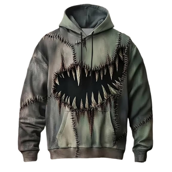Rexolia Mens Scarecrow Stitched Hoodie Colorblock Creepy Smile Graphic Long Sleeve Pullover Halloween Top Army Green L