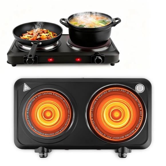 Double Burner Infrared Electric Cooktop, 2000W Double Burner Hot Plates for Countertop with 7.5” & 6.3” Glass Cooktop, Stepless Temperatu