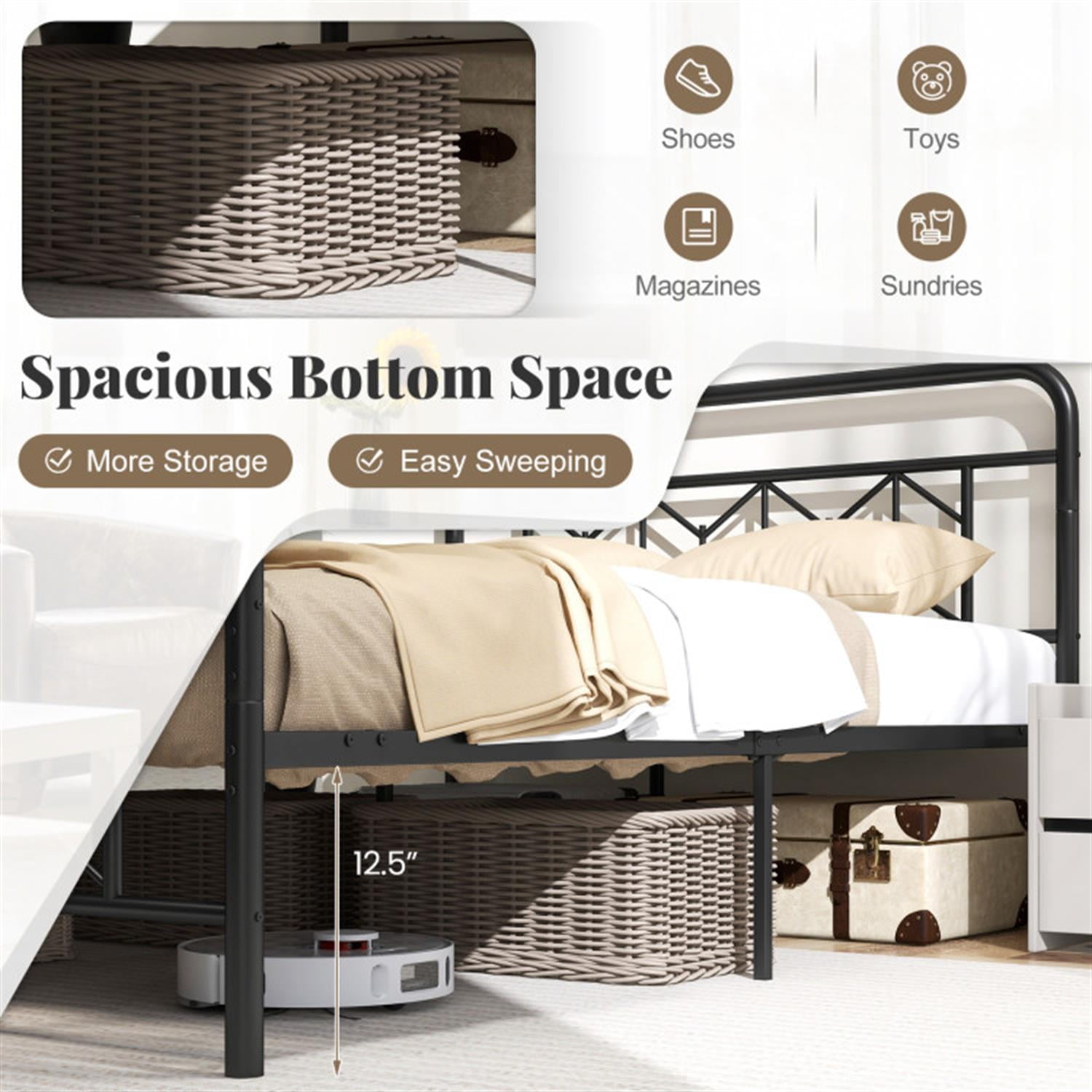 Demi Bonn Full Size Bed Frame with High Headboard and Snap Lock Metal Slats, Platform Bed Frame with Under Bed Storage, No Box Spring Needed, Black