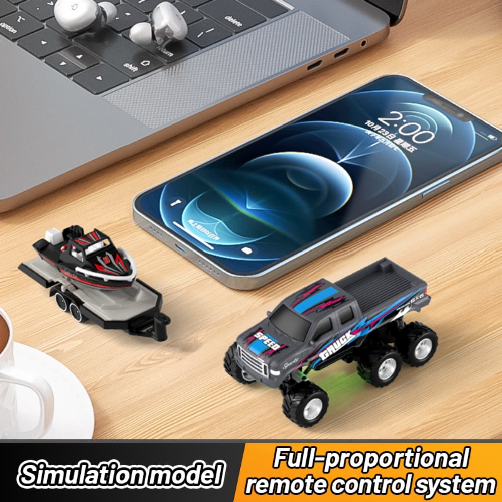 Mini Rc Truck, 1:64 Scale Monster Truck Remote Control Car with Speedboat and Lights, 2.4Ghz Remote Control, Mini Alloy Monster Truck Rc, Speed/Steering Adjustable