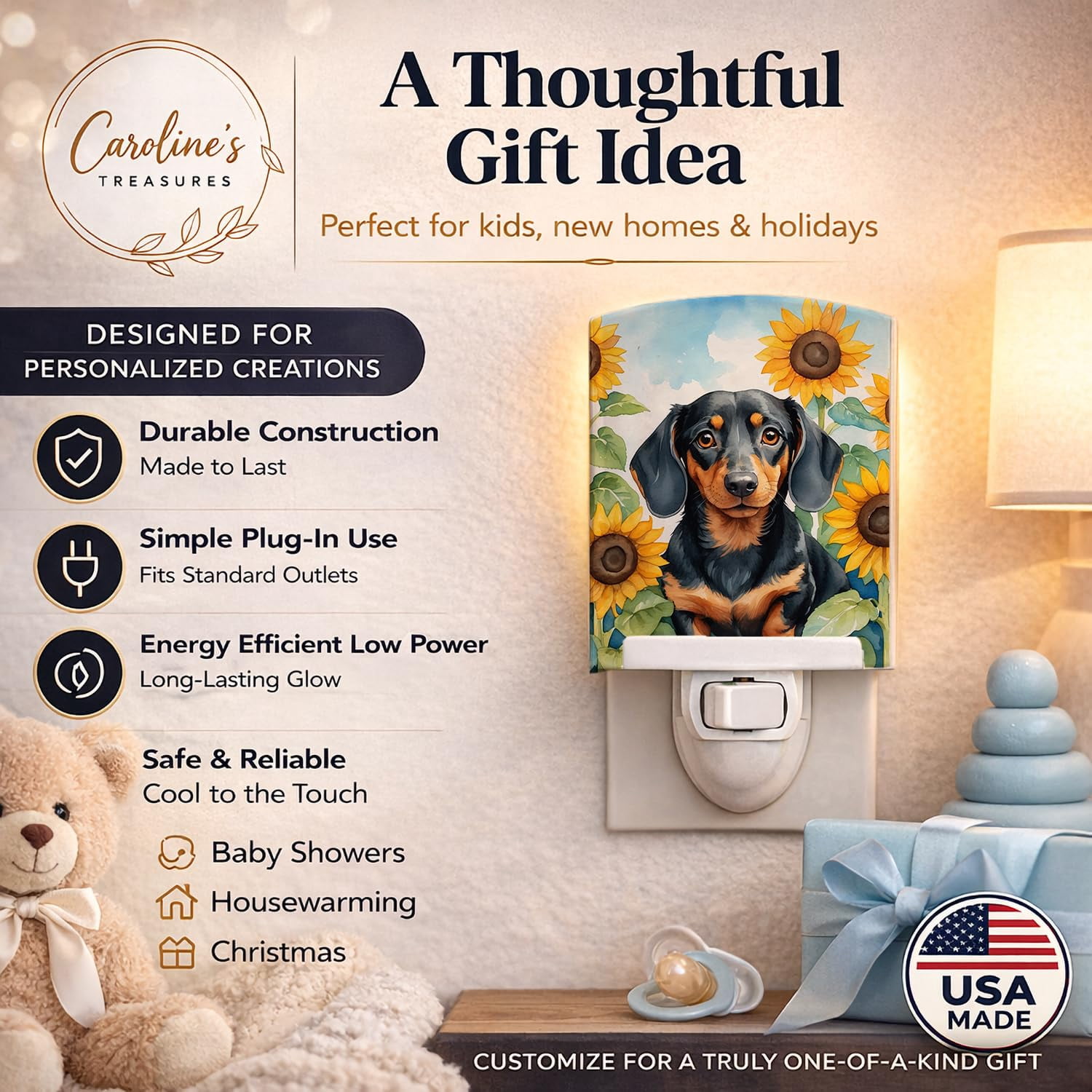 Dachshund in Sunflowers Ceramic Night Light 4 in x 6 in