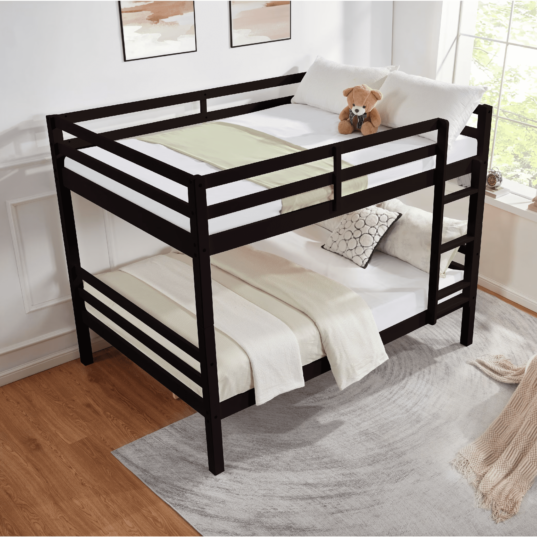 MAYEERTY Full over Full Bunk Bed with Thick Posts, Wooden Bed Frame with High Guardrail and Ladder for Teens, No Box Spring Needed, Espresso