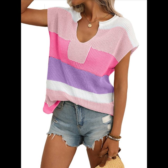Tops Cortos de Verano para Mujer 2025, Suéter de Corta, Chaleco con Bloques de Color y Cuello en U, Camisetas Holgadas. Rosa y M