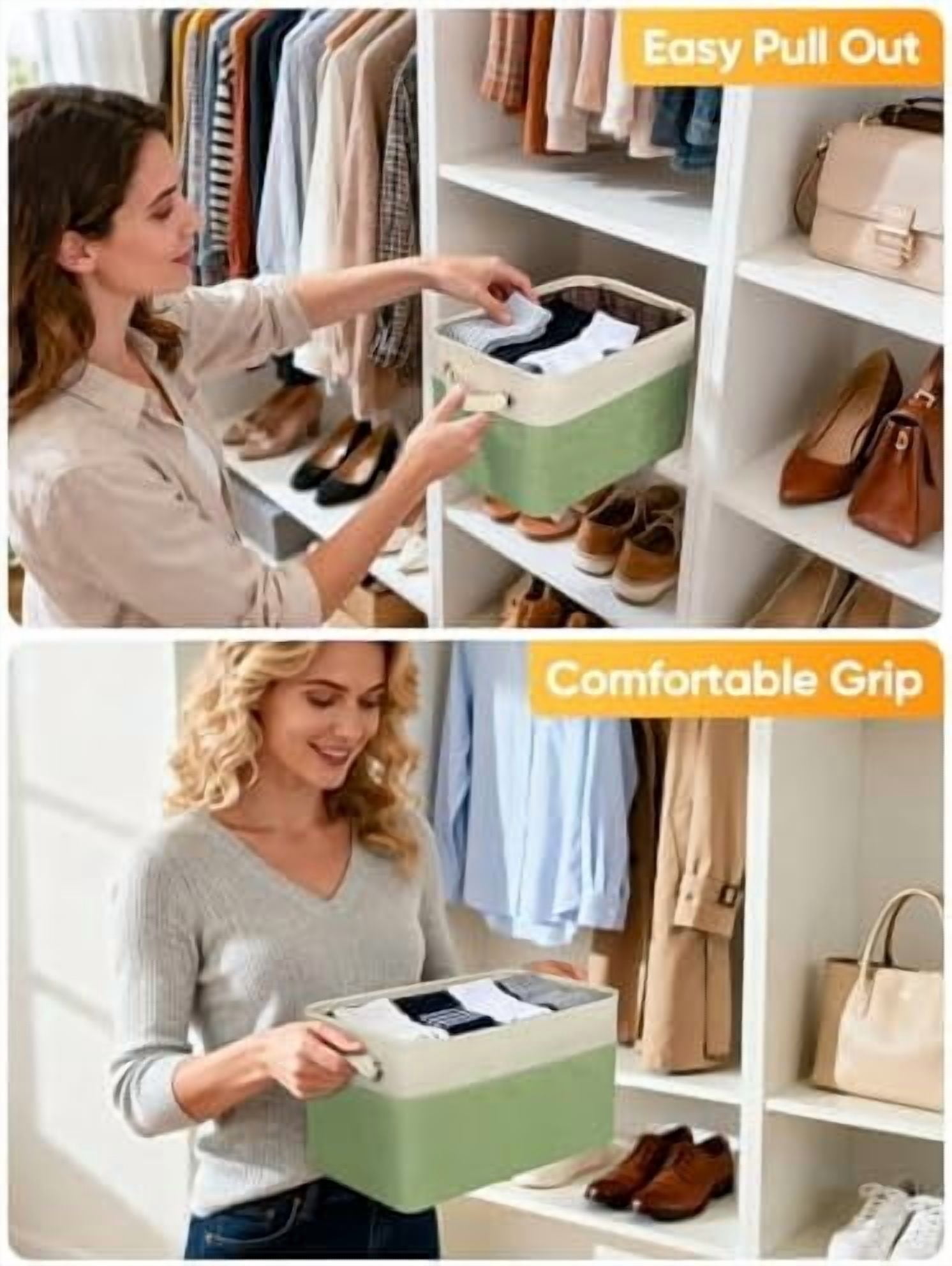 2 Pack Fabric Storage Bins for Shelves, Linen Storage Baskets for Organizing, Decorative Closet Bins for Clothes, Home (Green, 12"x8"x8")