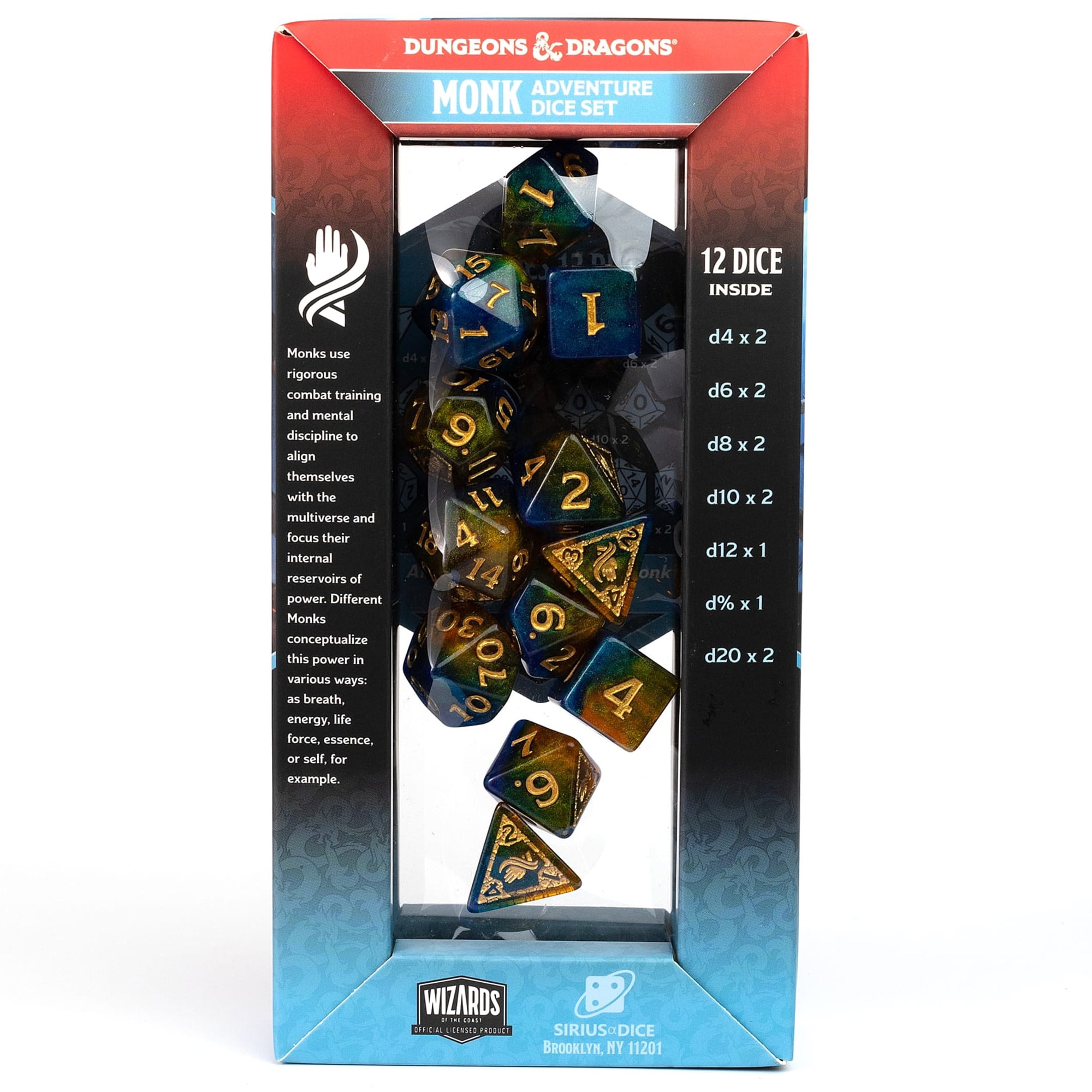 Dungeons & Dragons: D&D Adventure Dice: Monk - Blue & Gold - 12pc RPG Set, Class Symbols, Roleplaying Game Accessory, Sirius Dice, Officially Licensed