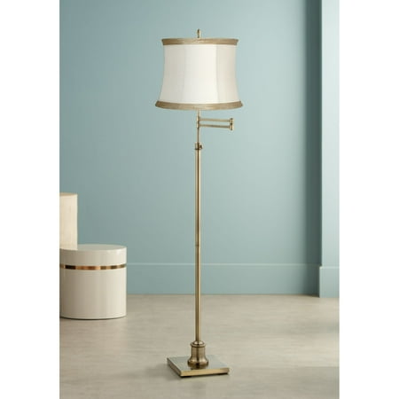 360 Lighting Swing Arm Floor Lamp Adjustable Antique Brass Ivory Linen Drum Shade For Living Room Reading Bedroom Office