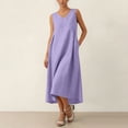 thumbnail image 2 of Vestido Corto para Mujeres Moda de Verano Sólido Cuello en V sin Mangas Bolsillo Plisado Vestido Casual Diario, 2 of 6