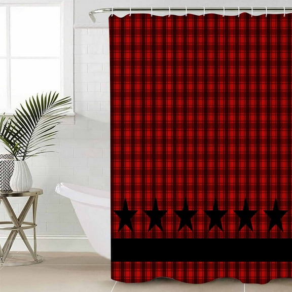 Red Black Plaid Waterproof Fabric Shower Curtain, Country Vintage Star Abstract Gingham Shower Curtain for Bathroom Curtains Bathtubs Hotel Washable Shower Curtains with 12 Hooks Stall 54x78in