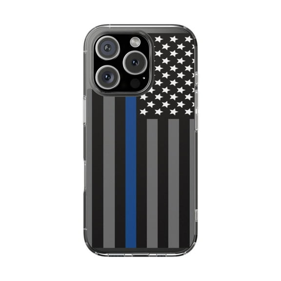 Clear Hybrid Shockproof Case for Apple iPhone 16 PRO - Thin Blue Line US Flag Design