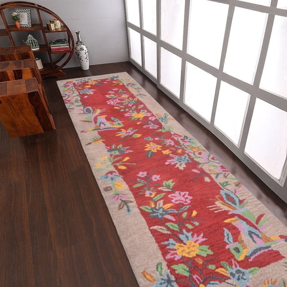 Rugsotic Carpets Hand Tufted Wool Eco-Friendly 2'6''x10' Area Rugs Runner Red Camel Floral Modern High Pile Thick Handmade Anti Skid Indoor Rug for Living Room, Bedroom K00685